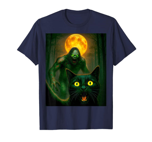 Scared Cat Selfie with Zombie Bigfoot Sasquatch Halloween T-Shirt