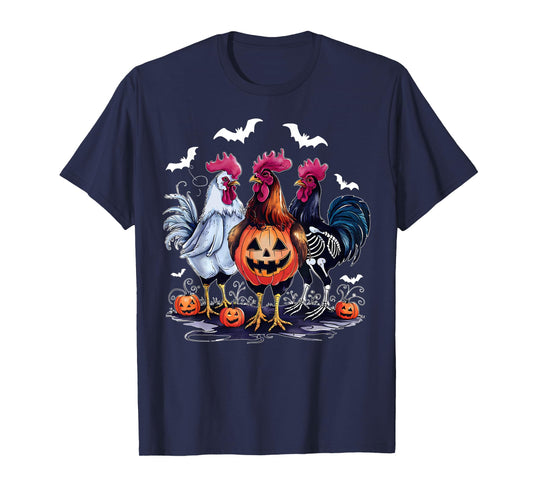 Retro Pumpkin Rooster Bat Chicken Farm Animal Spooky Party T-Shirt