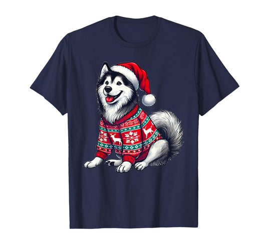 Siberian Husky Dog Ugly Sweater Santa Hat Christmas T-Shirt