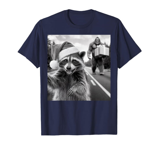 Funny Christmas Raccoon Shirt Raccoon Selfie With Bigfoot T-Shirt
