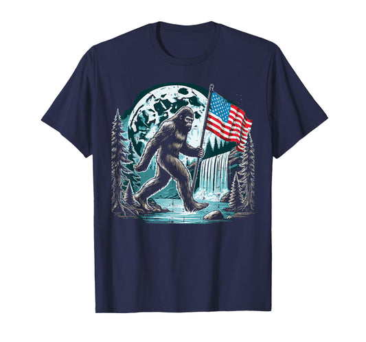 Bigfoot Sasquatch USA Flag Moon Patriotic Men Women Kids T-Shirt