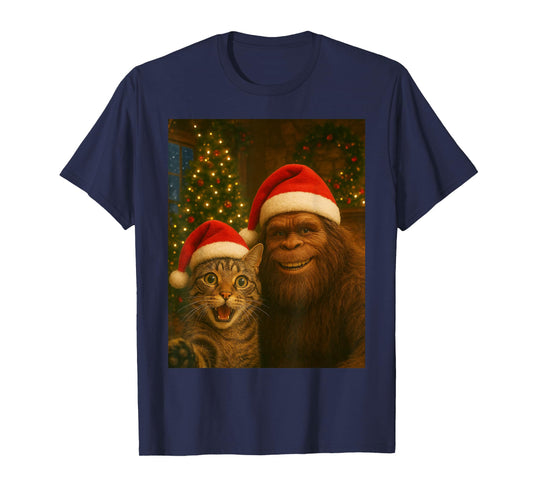 Funny Cat Selfie with Bigfoot Christmas Sasquatch T-Shirt