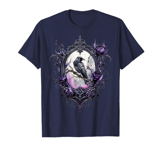 Gothic Halloween Raven Rose Purple Majestic Bird T-Shirt