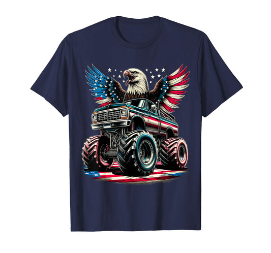 4th of July Boys Monster Truck Bald Eagle American Flag USA T-Shirt