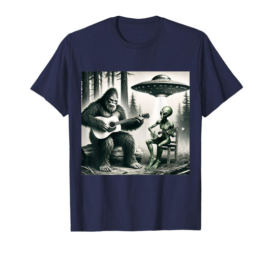 Funny Bigfoot And Alien Playing Electric Guitar. Bigfoot UFO T-Shirt