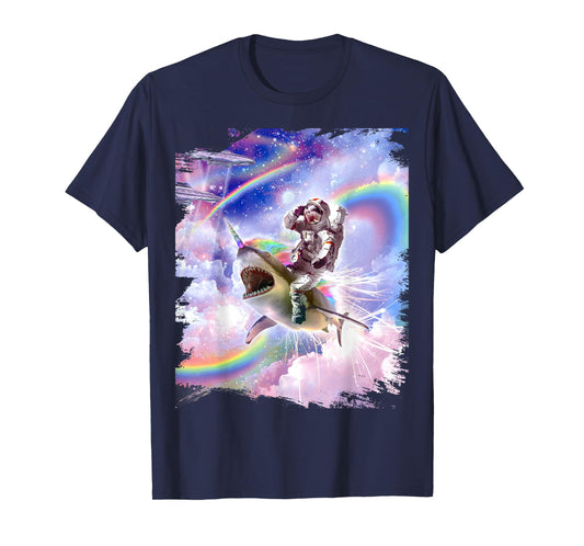 Galaxy Astronaut Cat Riding Rainbow Shark Unicorn Men Women Girls Kids T-Shirt