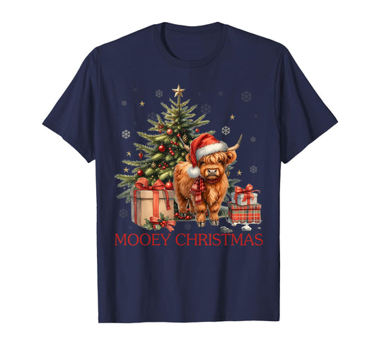 Mooey Christmas Santa Highland Cow Santa Xmas Tree Pajamas T-Shirt