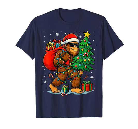 Santa Bigfoot Christmas Tree Lights Xmas Boys Men Sasquatch T-Shirt