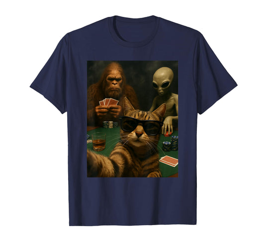 Cat Poker Selfie Bigfoot & Alien Playing Cards Funny T-Shirt