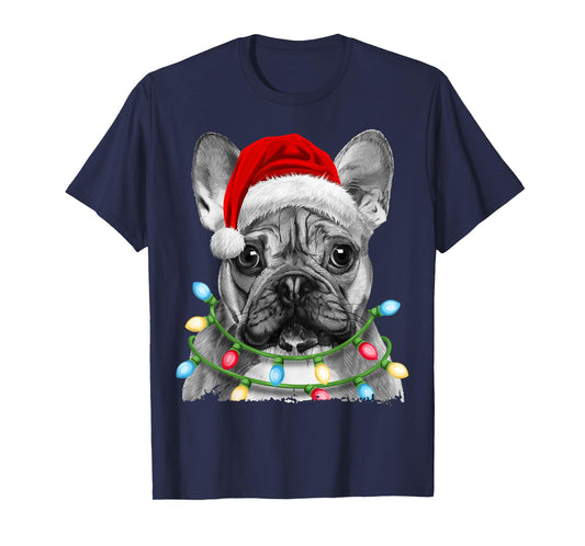 French Bulldog Santa Christmas Tree Lights Xmas Boys Dog T-Shirt