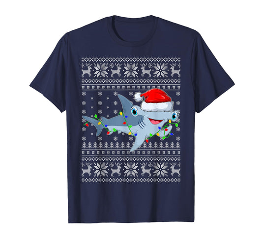 Ugly Sweater Xmas Lights Santa Hammerhead Shark Christmas T-Shirt