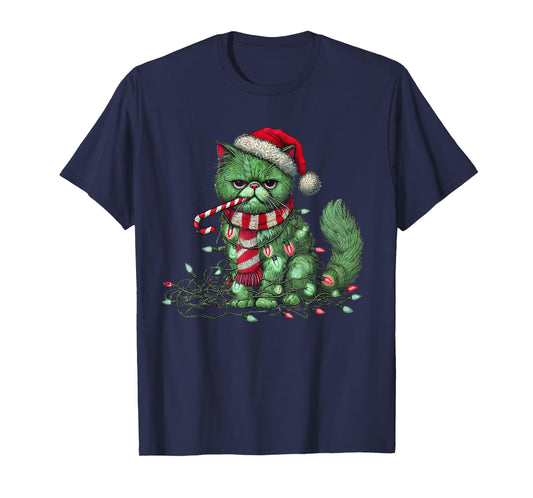 Christmas Cat with Santa Hat & Tree Lights Christmas cat T-Shirt