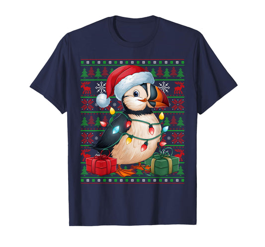Puffin Bird Xmas Lights Ugly Santa Hat Puffin Christmas T-Shirt