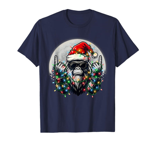 Santa Bigfoot Christmas Tree Xmas Lights Funny Sasquatch T-Shirt