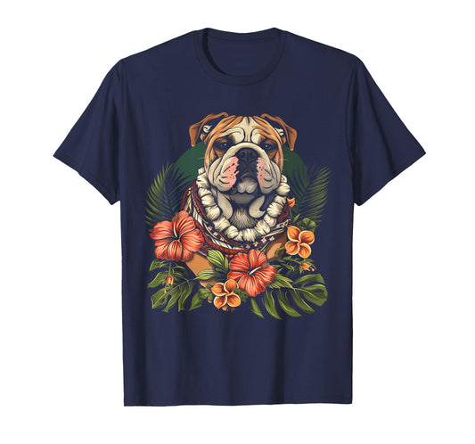 Bulldog Hawaiian Flowers Hibiscus Hula Hawaii Dog T-Shirt