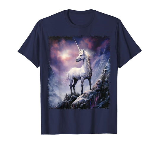 Fantasy white Unicorn standing on the snowy hill T-Shirt
