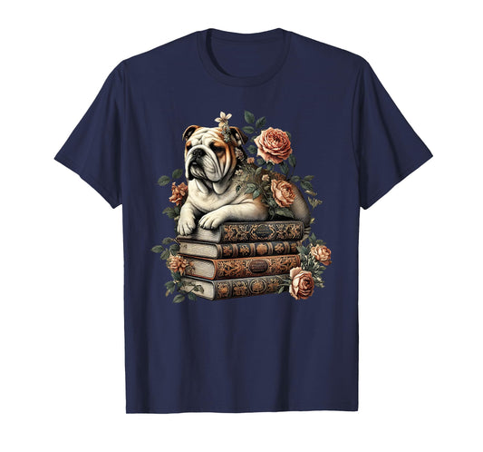 Cottagecore Aesthetic Floral English Bulldog Dog Books T-Shirt