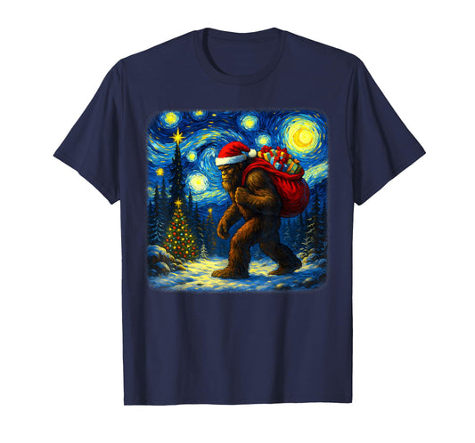 Bigfoot Santa Christmas Starry Night Sasquatch Van Gogh Art T-Shirt