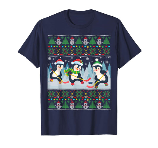 Penguin Playing Hockey Ugly Christmas Sweater Penguin Santa T-Shirt