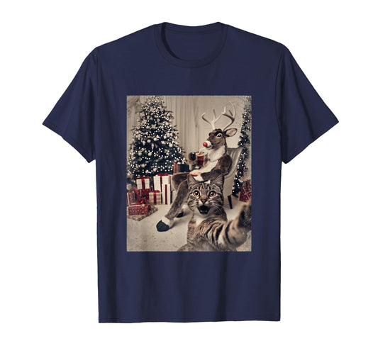 Funny Xmas Cat Selfie Reindeer Ugly Sweater Christmas Outfit T-Shirt
