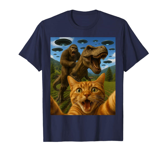 Funny Graphic Cat Selfie With Bigfoot Riding T-rex Dinosaur T-Shirt