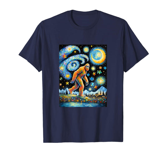 Bigfoot Autism Awareness Sasquatch Starry Night Van Gogh T-Shirt