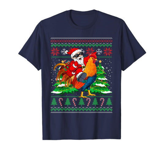 Santa With Rooster Christmas Tree Farmer Ugly Xmas Sweater T-Shirt