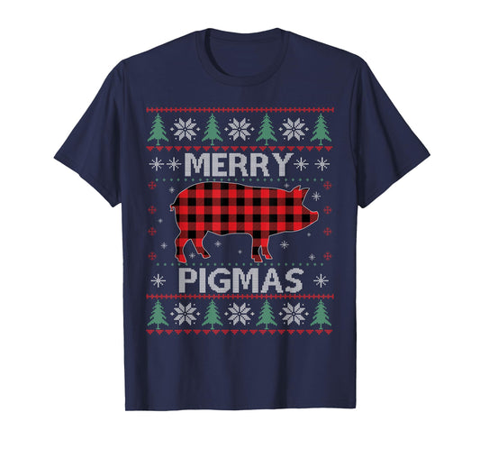 Merry Pigmas Pig Red Plaid Ugly Sweater Xmas Funny T-Shirt