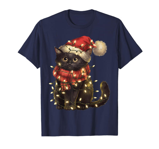 Black Cat Christmas Tree Lights Funny Xmas Men Women Family T-Shirt