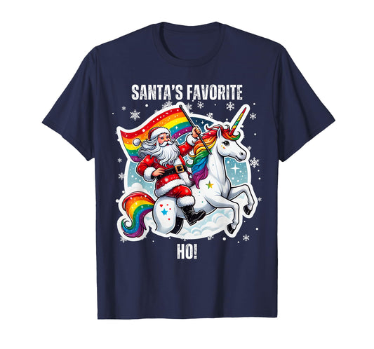 Gay Santa Riding Unicorn Favorite Ho Funny LGBT Christmas T-Shirt