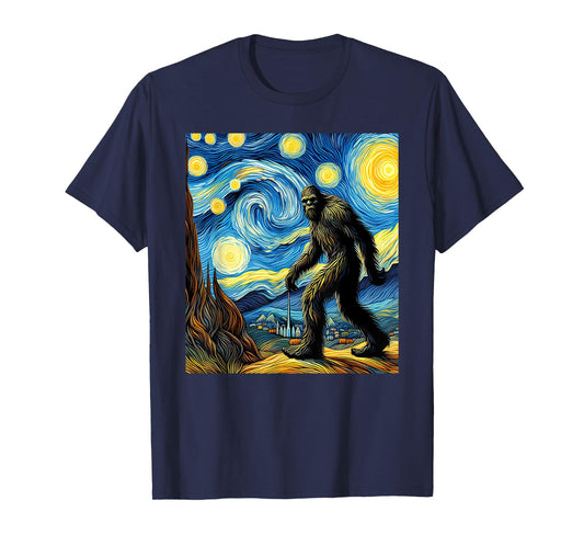 Funny Bigfoot Starry Night Sasquatch Van Gogh Sky Painting T-Shirt