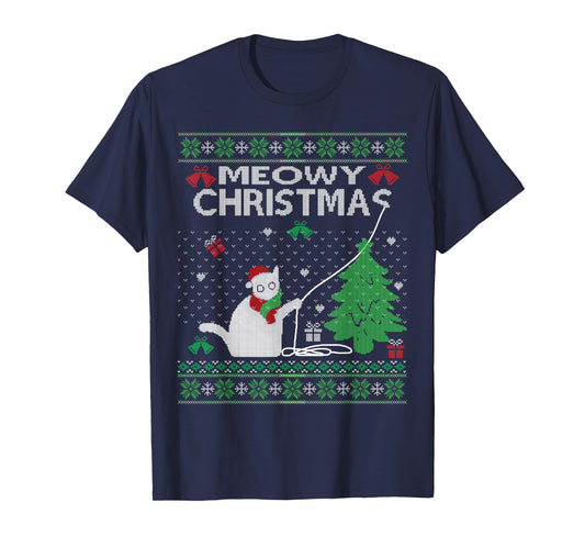 Funny Meowy Christmas Cats Xmas Cute Cat Lover Ugly Sweater Men Women Kids T-Shirt