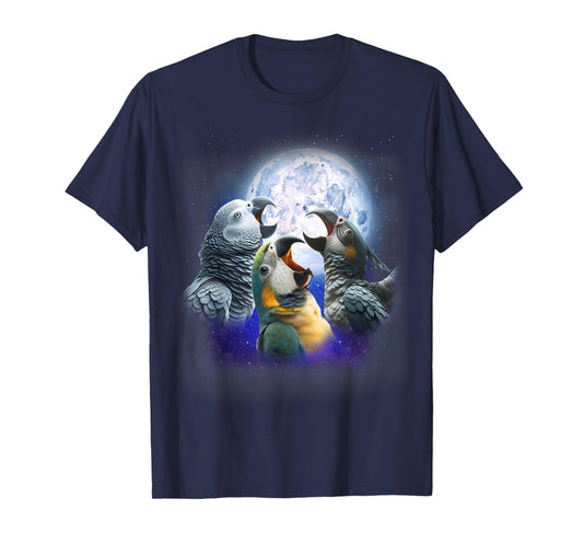 3 Parrots Howling At The Moon Funny African Grey Parrot Bird T-Shirt