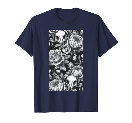 Skull Bird Baroque Vintage Flower Halloween Rose T-Shirt
