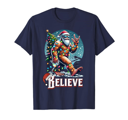Santa Bigfoot Christmas Lights Funny Sasquatch Believe Xmas T-Shirt