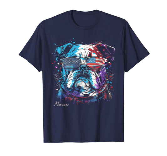 English Bulldog Dog 4th of July American Flag USA Funny Women Kids Men T-Shirt