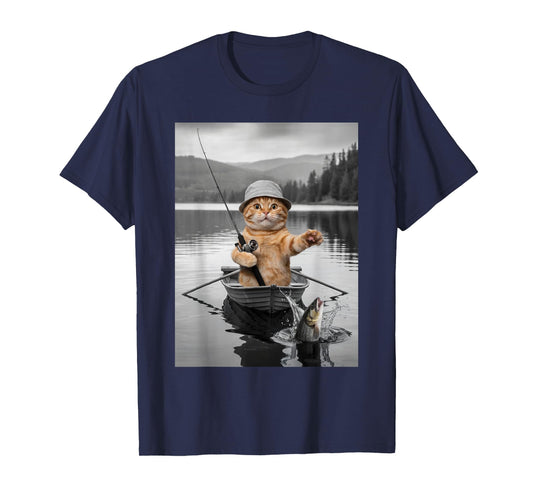 Weird Cat Selfie Boat Fishing Funny Cat Meme T-Shirt