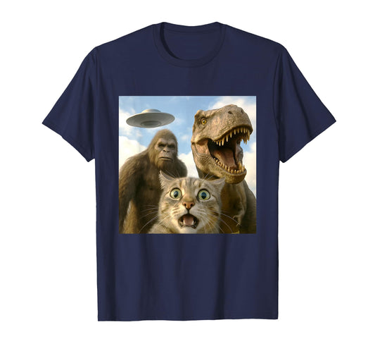 Funny Cat Selfie with Bigfoot Dinosaur UFO for Men Women T-Shirt