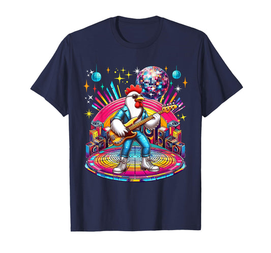 Chicken Sunglasses Playing Guitar Colorful Costume Disco T-Shirt