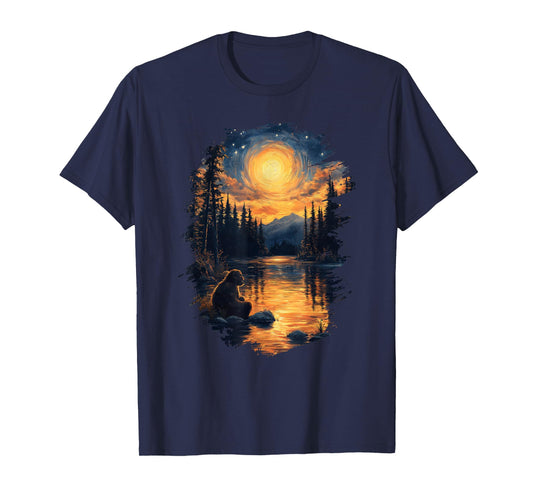 Bigfoot Starry Night Forest Sasquatch Van Gogh Art T-Shirt