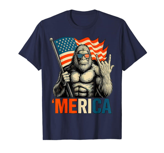 Bigfoot Merica Rock Patriotic American Flag 4th Of July T-Shirt