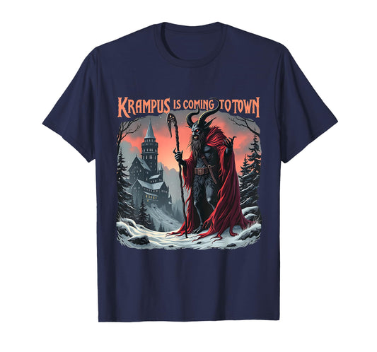 Merry Christmas Krampus Is Coming To Town Unisex-Adult Horror Graphic T-Shirt - Black, Short Sleeve, Crew Neck, Small
