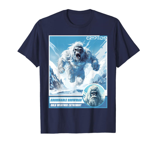 Cryptozoology Cryptid Believer Apparel Unisex-Kids, Adults Black Cartoon Abominable Snowman Winter Classic Fit Crew Neck T-Shirt