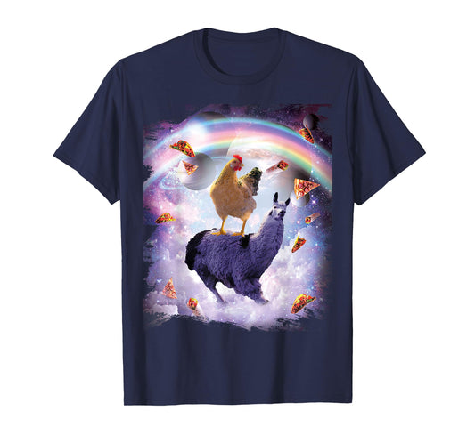 Chicken Riding Llama in Space - Rainbow T-Shirt