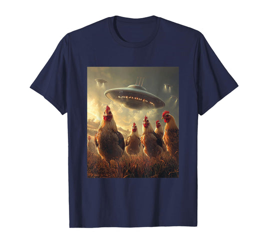 Chicken Selfie with UFOs Aliens Funny Graphic T-Shirt