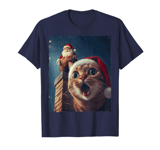 Funny Cat Selfie Santa Chimney Xmas Christmas T-Shirt for Men Women Kids