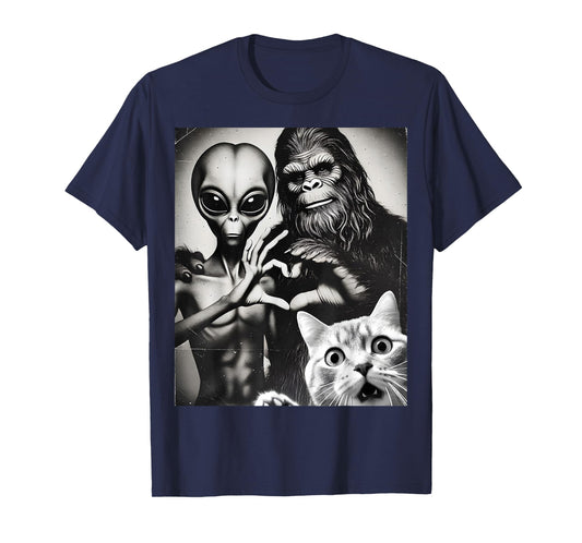 Funny Cat Selfie with Romantic Bigfoot in Love with Alien T-Shirt