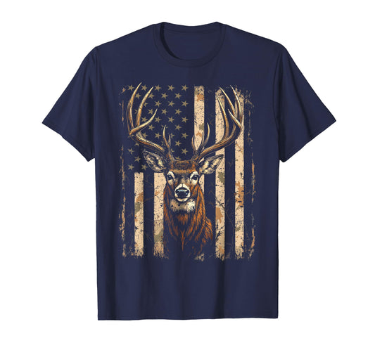 American Flag Vintage Tee Buck Deer Hunting Camouflage Style T-Shirt