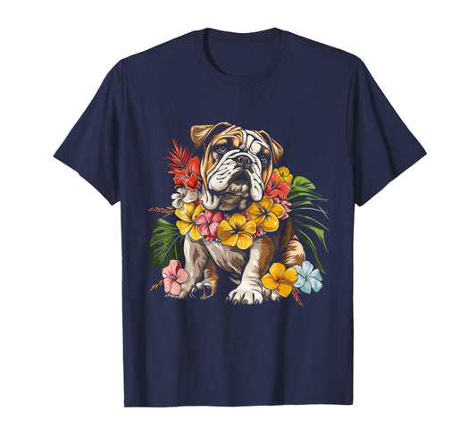 Bulldog Hawaiian Flowers Hibiscus Hula Hawaii Dog T-Shirt for Men Women Kids