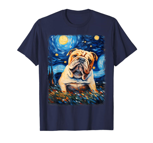 Bulldog Dog Starry Night Painting T-Shirt